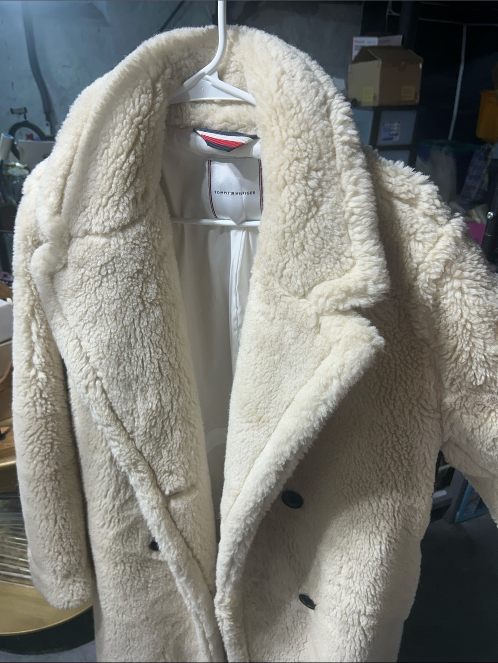 Tommy Hilfiger Cream Sherpa Double-Breasted Pea Coat